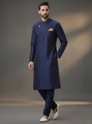 Navy dupion silk embroidered kurta set 1