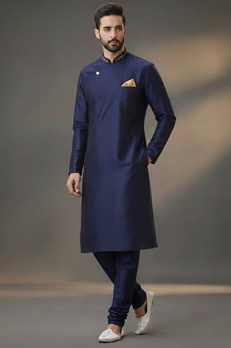 Navy dupion silk embroidered kurta set