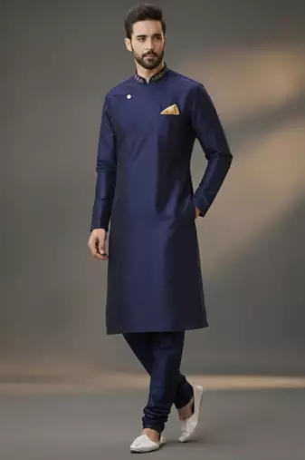 Navy dupion silk embroidered kurta set