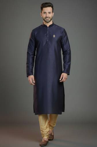 Navy dupion silk embroidered kurta set
