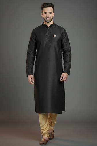 Black dupion silk embroidered kurta set