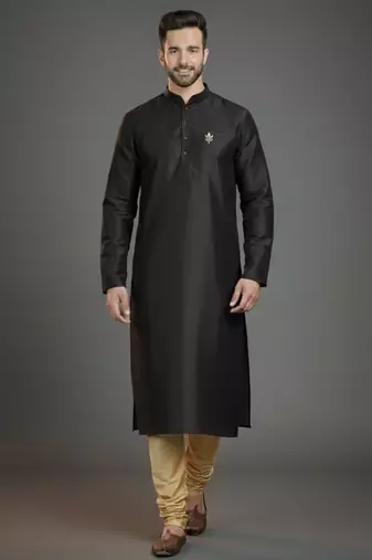 Black dupion silk embroidered kurta set