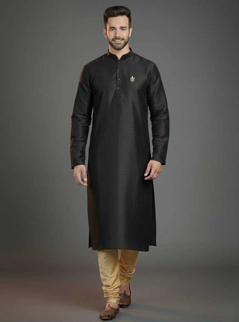 Black dupion silk embroidered kurta set