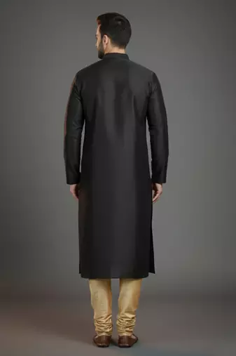 Black dupion silk embroidered kurta set