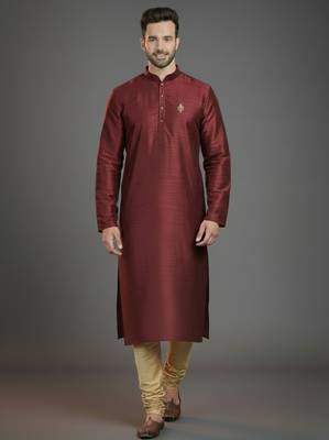 Maroon dupion silk embroidered kurta set 1