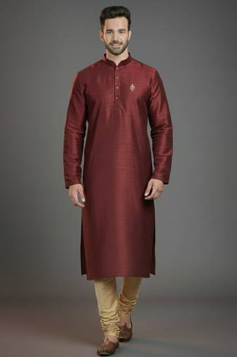 Maroon dupion silk embroidered kurta set