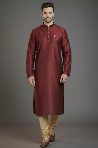 Maroon dupion silk embroidered kurta set