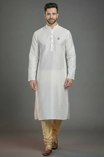 White dupion silk embroidered kurta set
