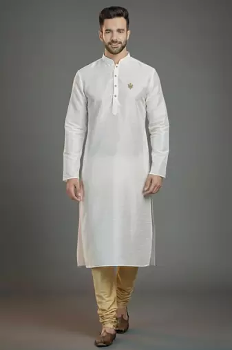 White dupion silk embroidered kurta set