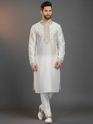 White dupion silk embroidered kurta set 1