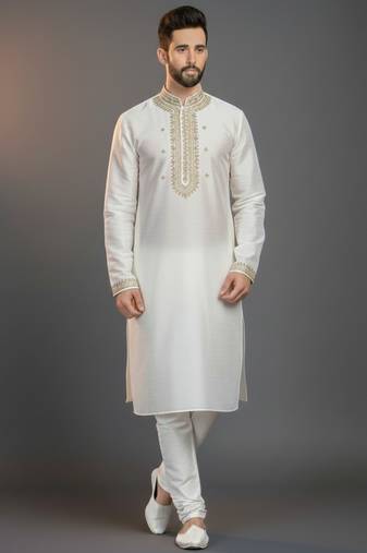 White dupion silk embroidered kurta set
