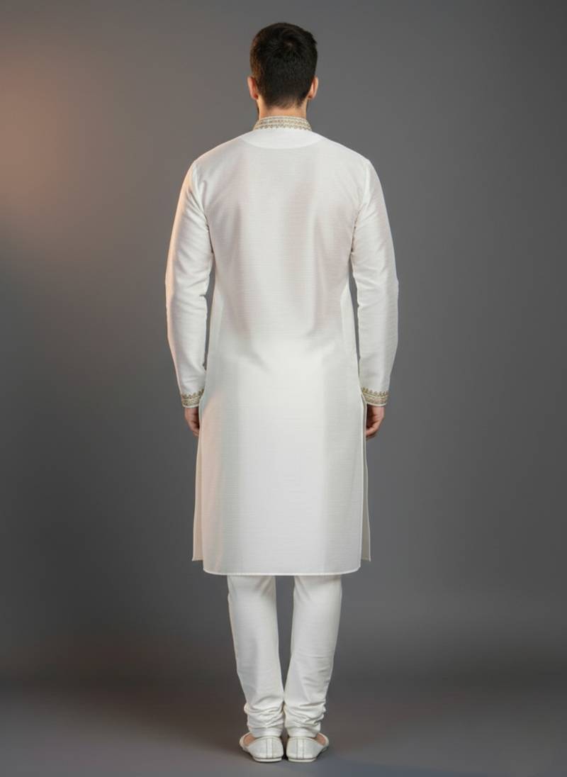 White dupion silk embroidered kurta set