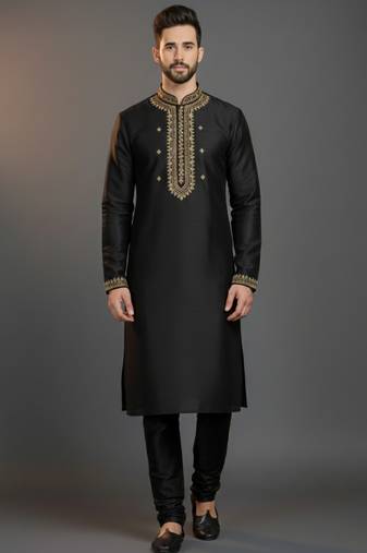 Black dupion silk embroidered kurta set