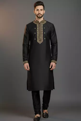 Black dupion silk embroidered kurta set