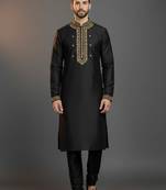 Black dupion silk embroidered kurta set
