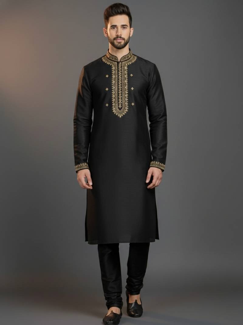 Black dupion silk embroidered kurta set
