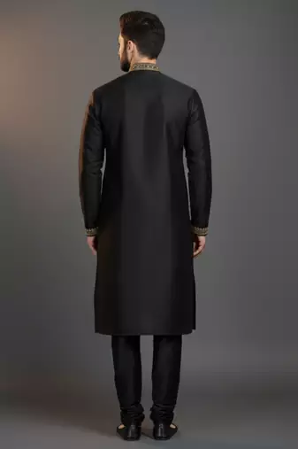 Black dupion silk embroidered kurta set