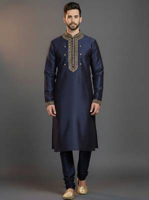 Navy dupion silk embroidered kurta set 1