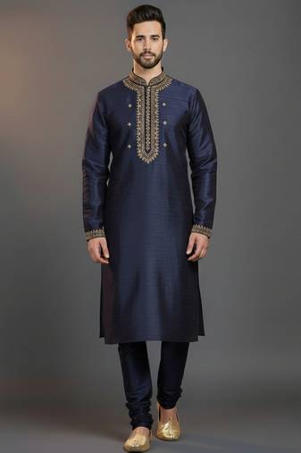 Navy dupion silk embroidered kurta set