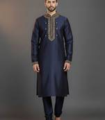 Navy dupion silk embroidered kurta set
