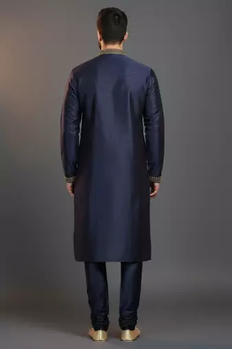 Navy dupion silk embroidered kurta set