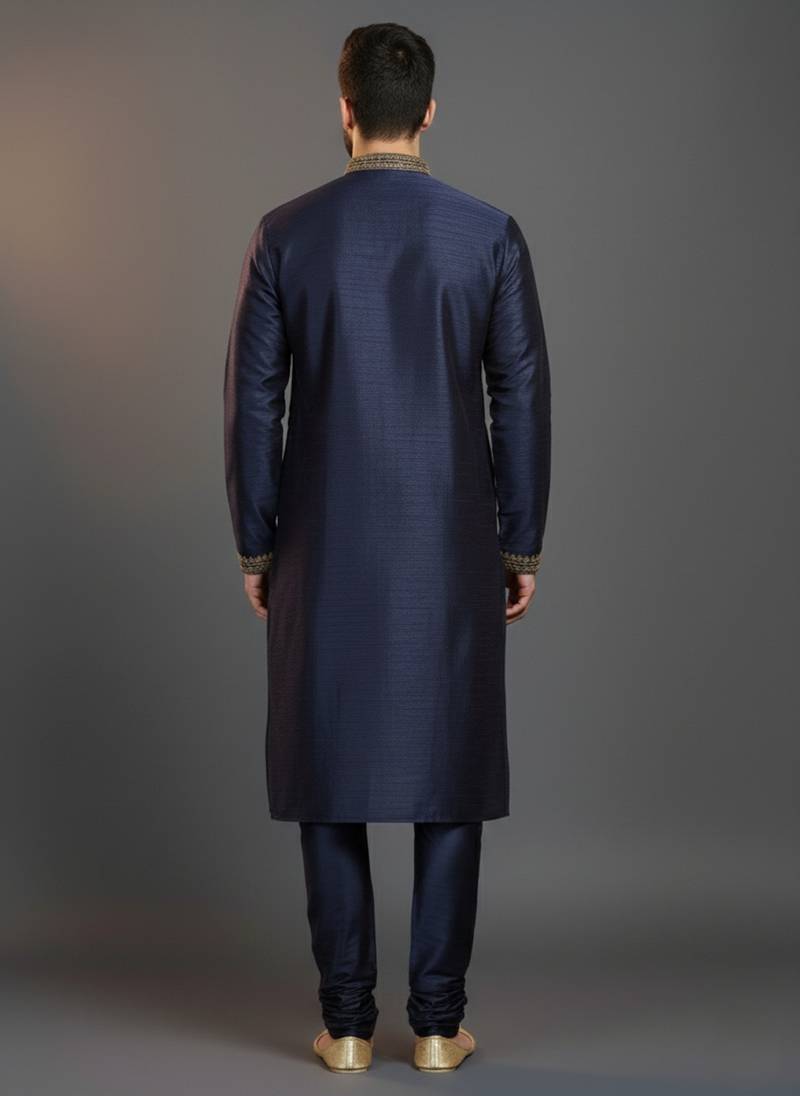 Navy dupion silk embroidered kurta set