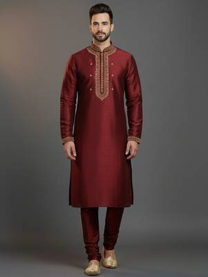 Maroon dupion silk embroidered kurta set 1