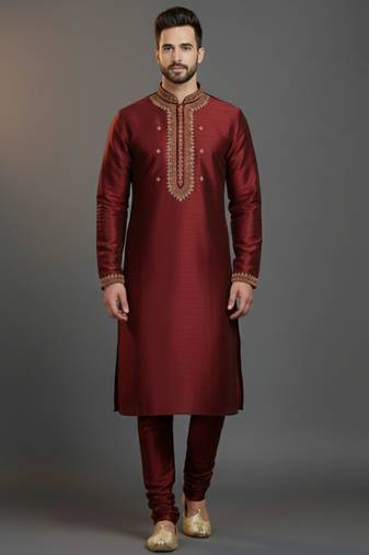 Maroon dupion silk embroidered kurta set