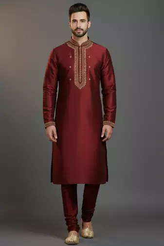 Maroon dupion silk embroidered kurta set