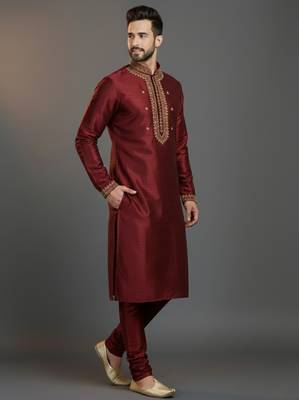 Maroon dupion silk embroidered kurta set 2