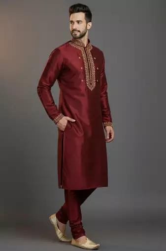 Maroon dupion silk embroidered kurta set
