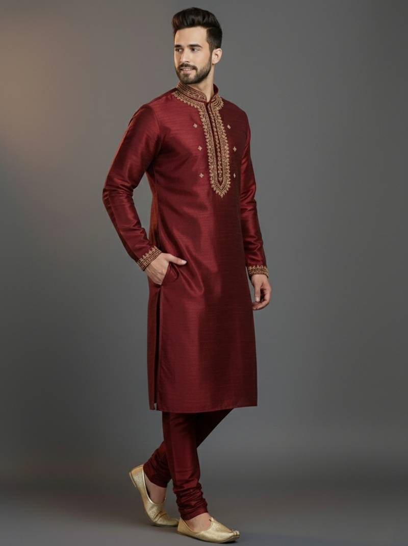 Maroon dupion silk embroidered kurta set