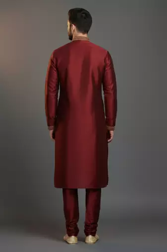Maroon dupion silk embroidered kurta set