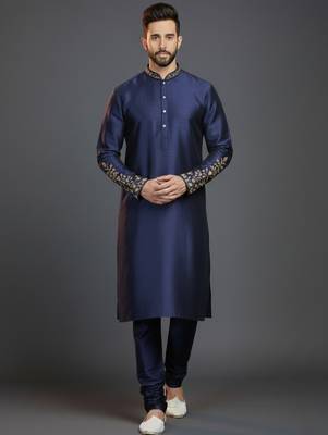 Navy dupion silk embroidered kurta set 1