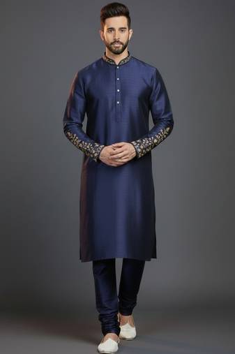 Navy dupion silk embroidered kurta set