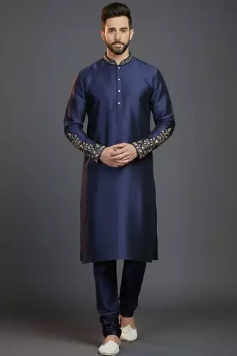 Navy dupion silk embroidered kurta set