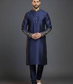 Navy dupion silk embroidered kurta set