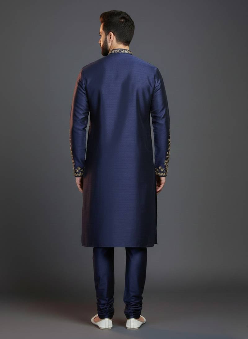 Navy dupion silk embroidered kurta set