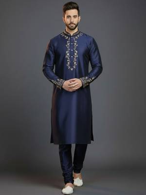 Navy dupion silk embroidered kurta set 1