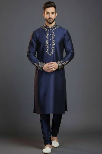 Navy dupion silk embroidered kurta set