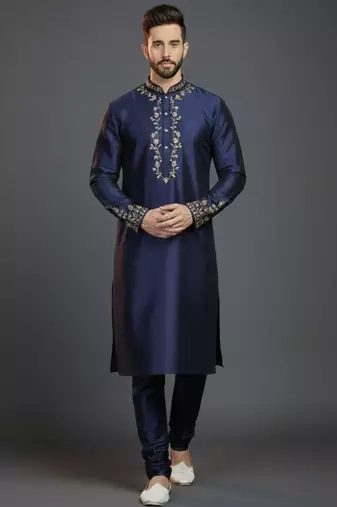 Navy dupion silk embroidered kurta set