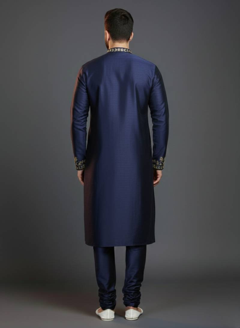 Navy dupion silk embroidered kurta set