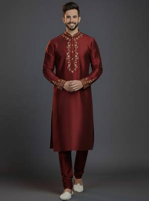 Maroon dupion silk embroidered kurta set 1