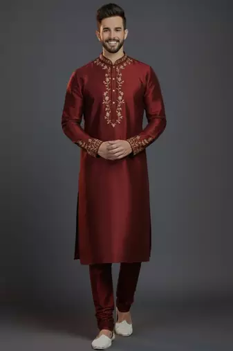 Maroon dupion silk embroidered kurta set