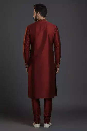 Maroon dupion silk embroidered kurta set