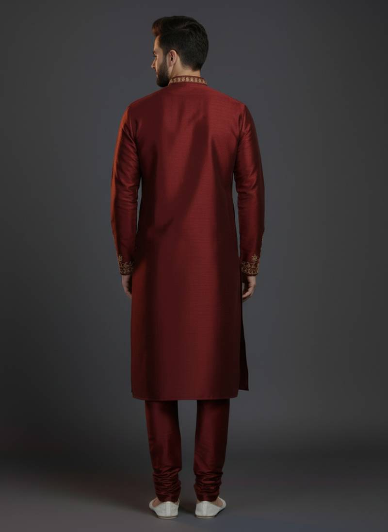 Maroon dupion silk embroidered kurta set