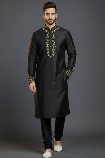 Black dupion silk embroidered kurta set