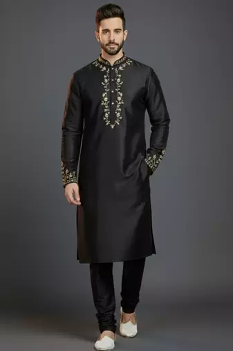 Black dupion silk embroidered kurta set