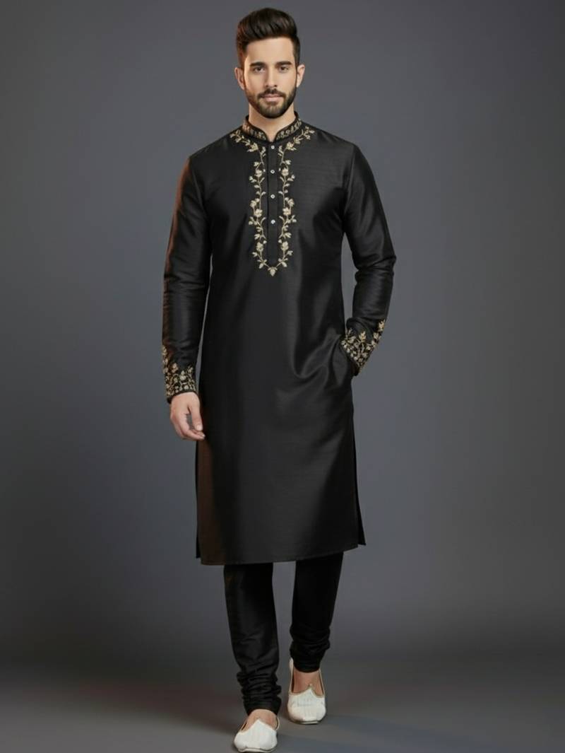 Black dupion silk embroidered kurta set