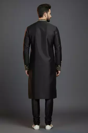 Black dupion silk embroidered kurta set